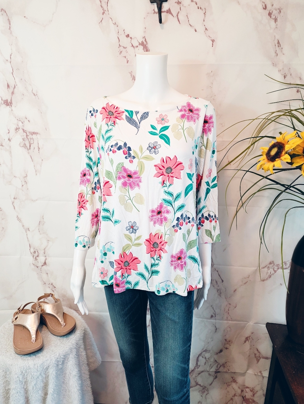 J Jill Floral Top Petite Large Rayon Spandex Stretch Casual Spring Blouse - Picture 4 of 8